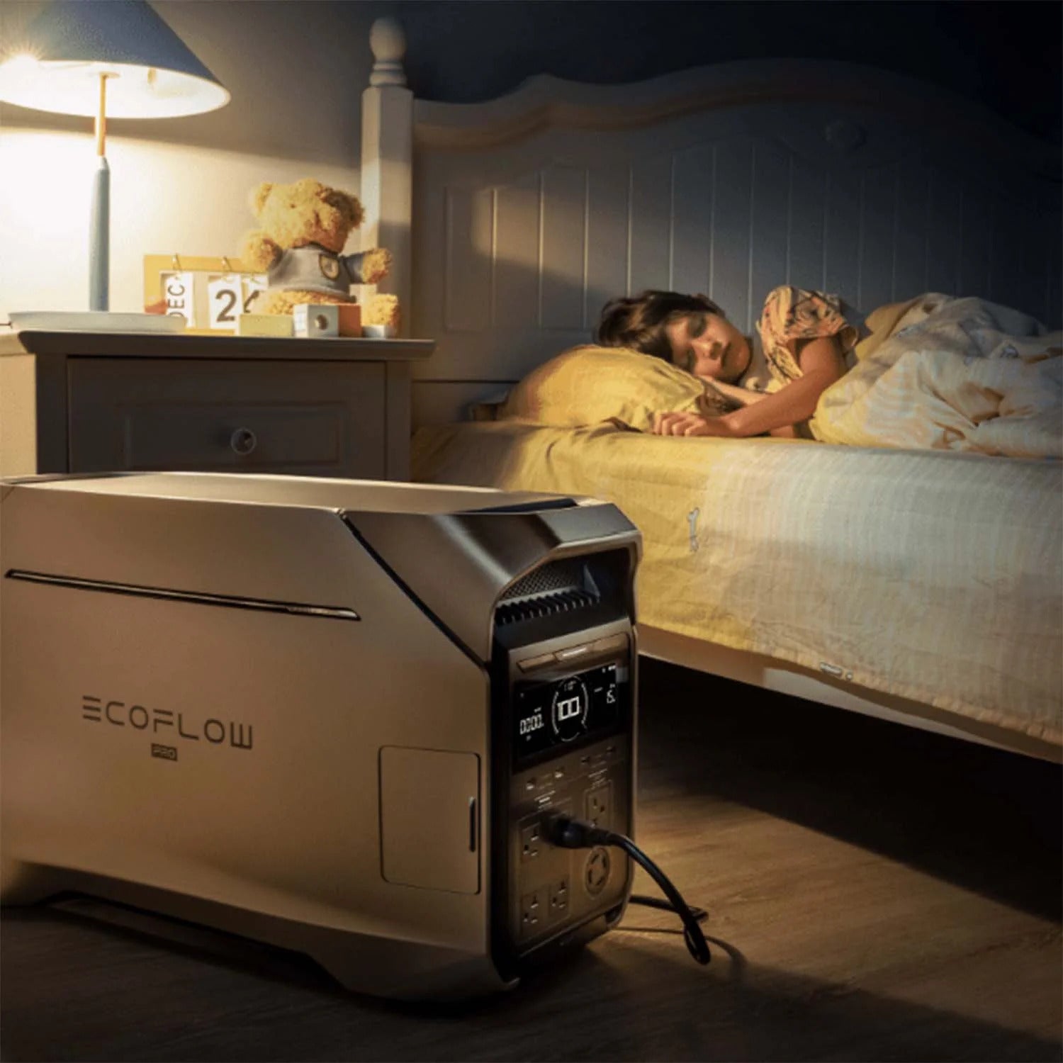 best 3000-watt solar generator being used to power the lights in a sleeping boy’s room