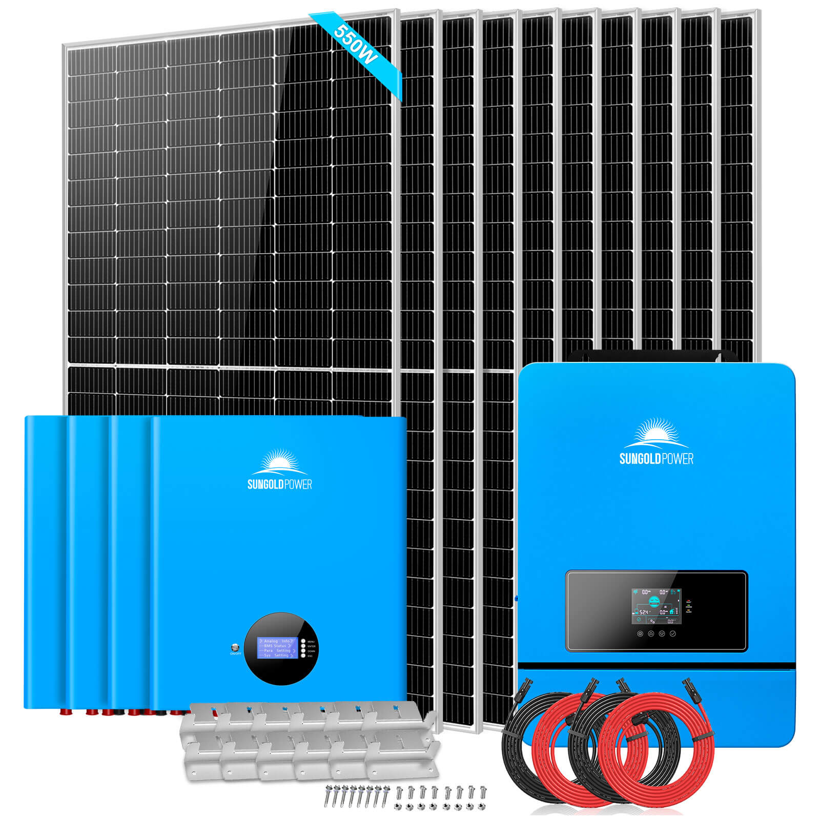Sungold Power Off-Grid Solar Kit 10 X 550 WATTS SOLAR PANELS 4 X 5.12KWH POWERWALL LITHIUM BATTERY 10KW SOLAR INVERTER 48VDC 120V/240V