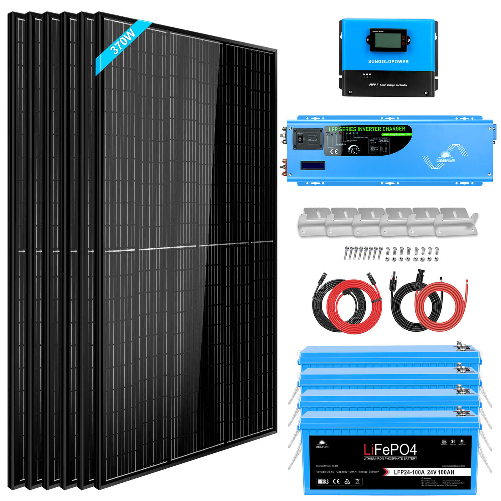 Sungold Power Off-Grid Solar Kit 6000W 24VDC 120V/240V LiFePO4 10.24KWH Lithium Battery 6 X 370 Watt Solar Panels
