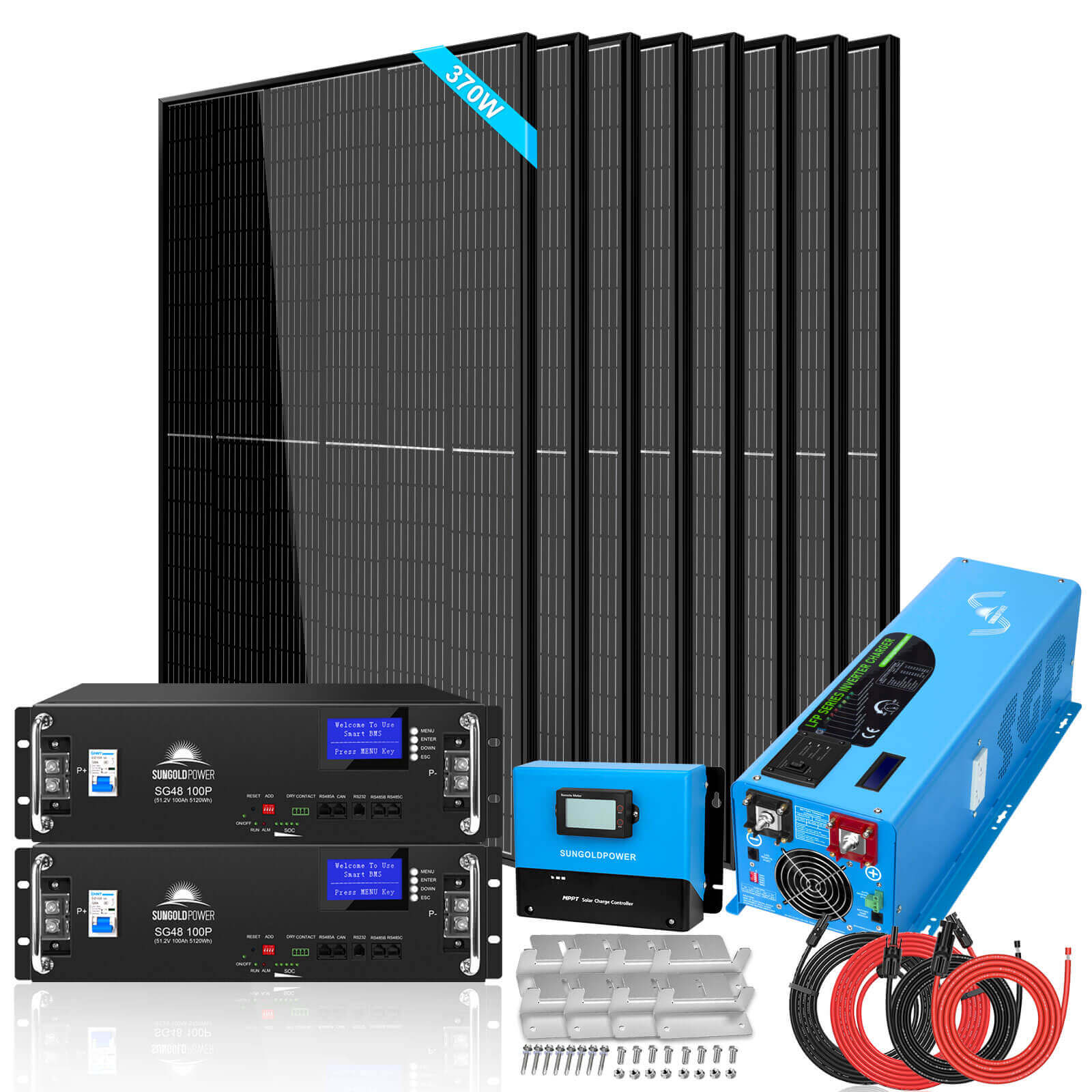 Sungold Power Off-Grid Solar Kit 6000W 48VDC 120V/240V LifePo4 10.48KWH Server Rack Lithium Battery 8 X 370 Watts Solar Panels