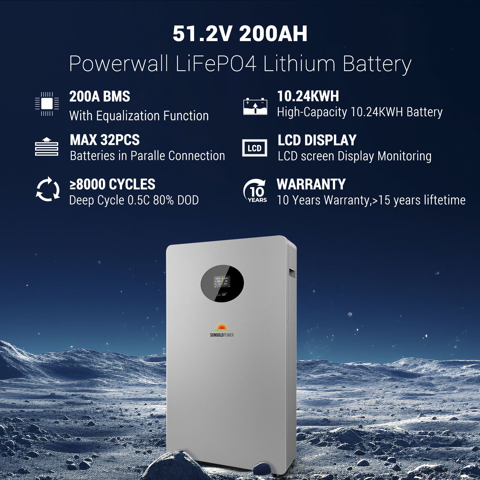 Sungold Power | Powerwall X Lithium Battery | 51.2V 200Ah | SG48200T Wall Mount Batteries SunGoldPower