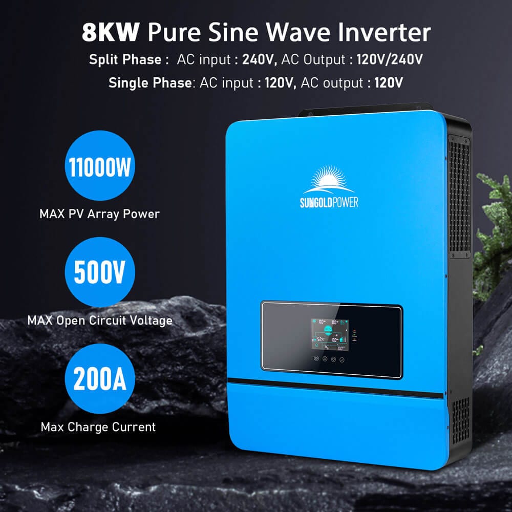 Sungold Power Off-Grid Solar Kit 8000W 48VDC 120V/240V LifePo4 10.24KWH Lithium Battery 8 X 415 Watts Solar Panels | SGR-8K10E Solar Kits SunGoldPower