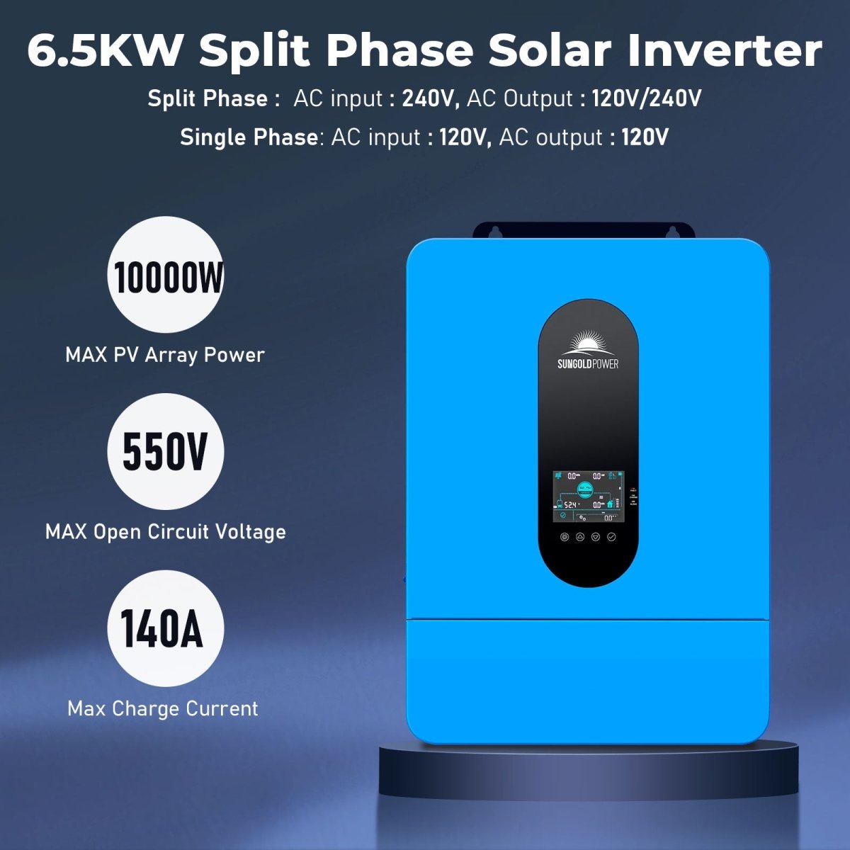 SunGold Power | Off-Grid Solar Kit | 6,500W 48VDC 120/240VAC | LiFePO4 10.24 kWh Lithium Battery | 8 x 415W Solar Panels | SGR-6510E