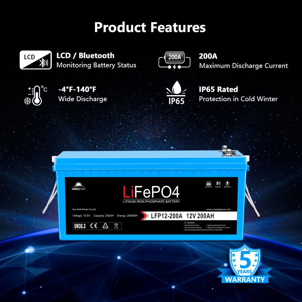 Sungold Power 12V 200Ah LiFePo4 Deep Cycle Lithium Battery Bluetooth / Self-Heating / IP65 Batteries SunGoldPower