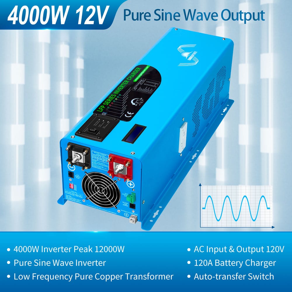 Sungold Power Off-Grid Solar Kit 4000W Inverter 12VDC 120V/240V LiFePO4 Battery 1200 Watt Solar Back Up Solar Kits SunGoldPower