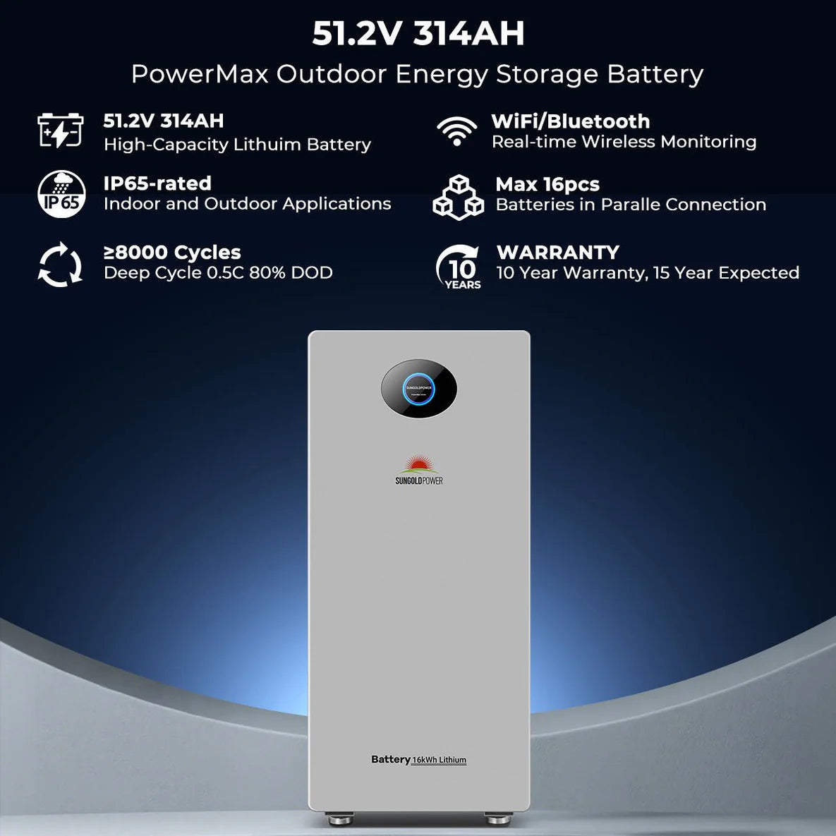 Sungold Power PowerMax 51.2V 314AH Outdoor Energy Storage Battery UL1973 & UL9540A