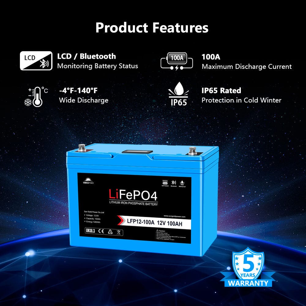 Sungold Power 12V 100AH LiFePO4 Deep Cycle Lithium Battery / Bluetooth /Self-heating / IP65 Batteries SunGoldPower