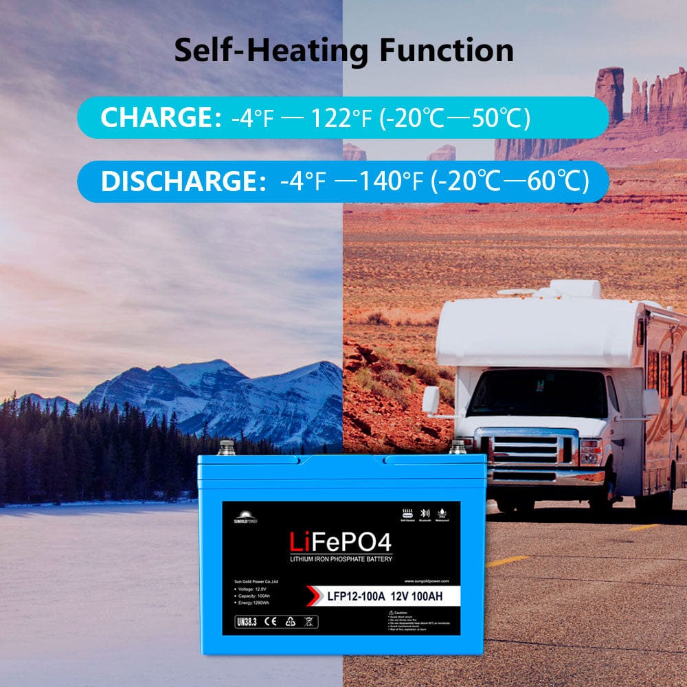 Sungold Power 12V 100AH LiFePO4 Deep Cycle Lithium Battery / Bluetooth /Self-heating / IP65 Batteries SunGoldPower