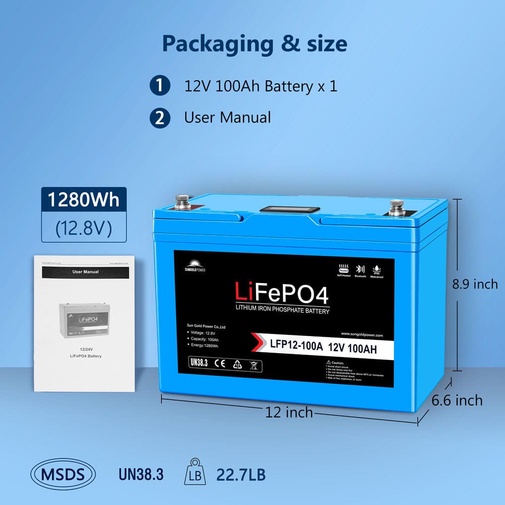 Sungold Power 12V 100AH LiFePO4 Deep Cycle Lithium Battery / Bluetooth /Self-heating / IP65 Batteries SunGoldPower