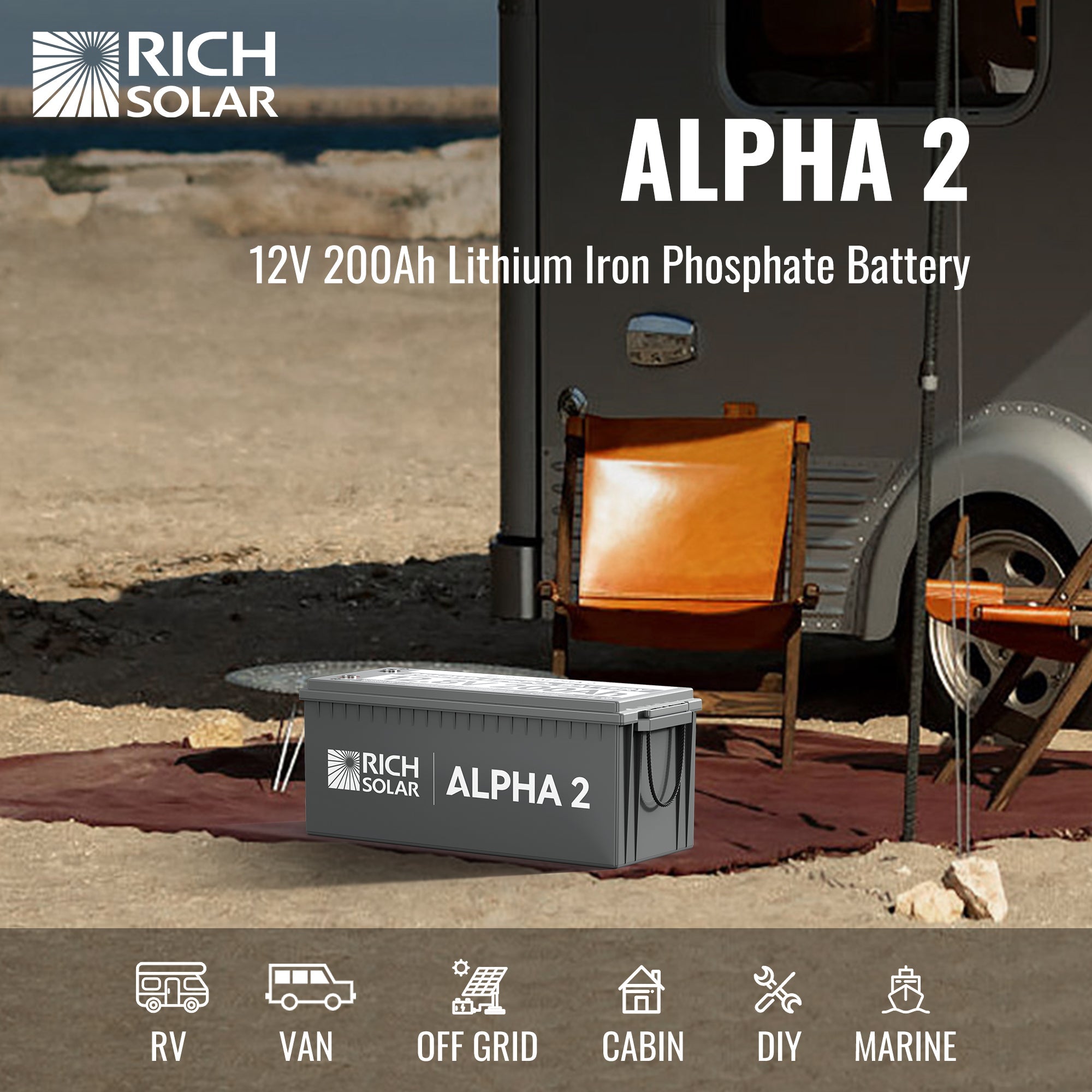 RICH SOLAR ALPHA 2 - 12V 200Ah LiFePO4 Battery, 5,000 Cycles, Bluetooth & Internal Heat Technology