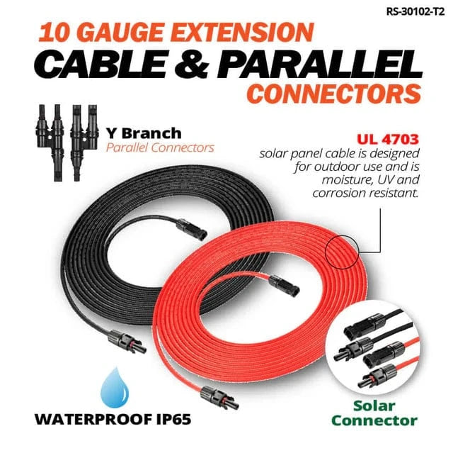 RICH SOLAR 10 Gauge Solar Panel Extension Cable with Male and Female Solar Connector Ends and Parallel Connectors | Pair of 10AWG Red and Black Extension Wire and Parallel Connectors | Choose Cable Length: 30ft, 50ft Accessories RICH SOLAR