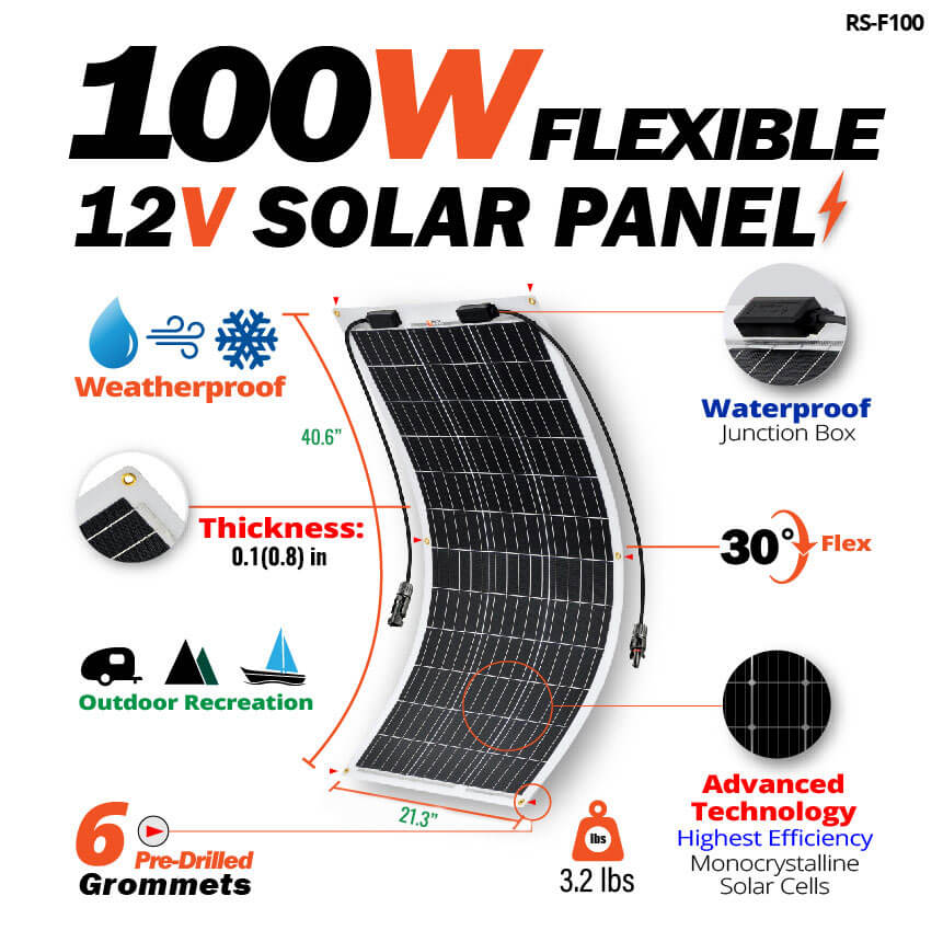 RICH SOLAR | MEGA 100 FLEX | 100 Watt Flexible Solar Panel | Lightweight 12V Flexible Solar Panel for Vans, Boats, Trailers | High Efficiency