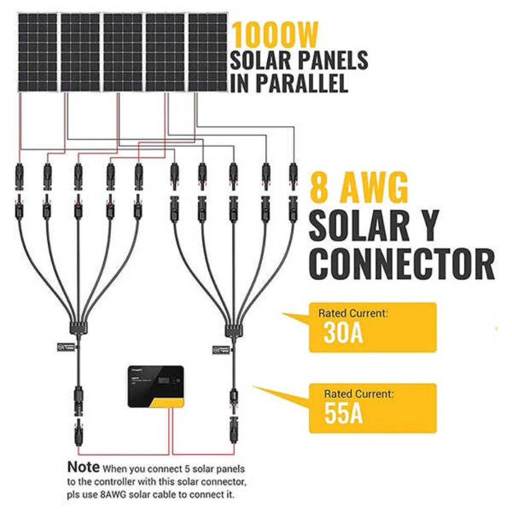 100W Solar Panels Connected To A Controller With BougeRV Solar Y Connector Solar Panel Parallel Connectors Extra Long 5 to 1 Cable
