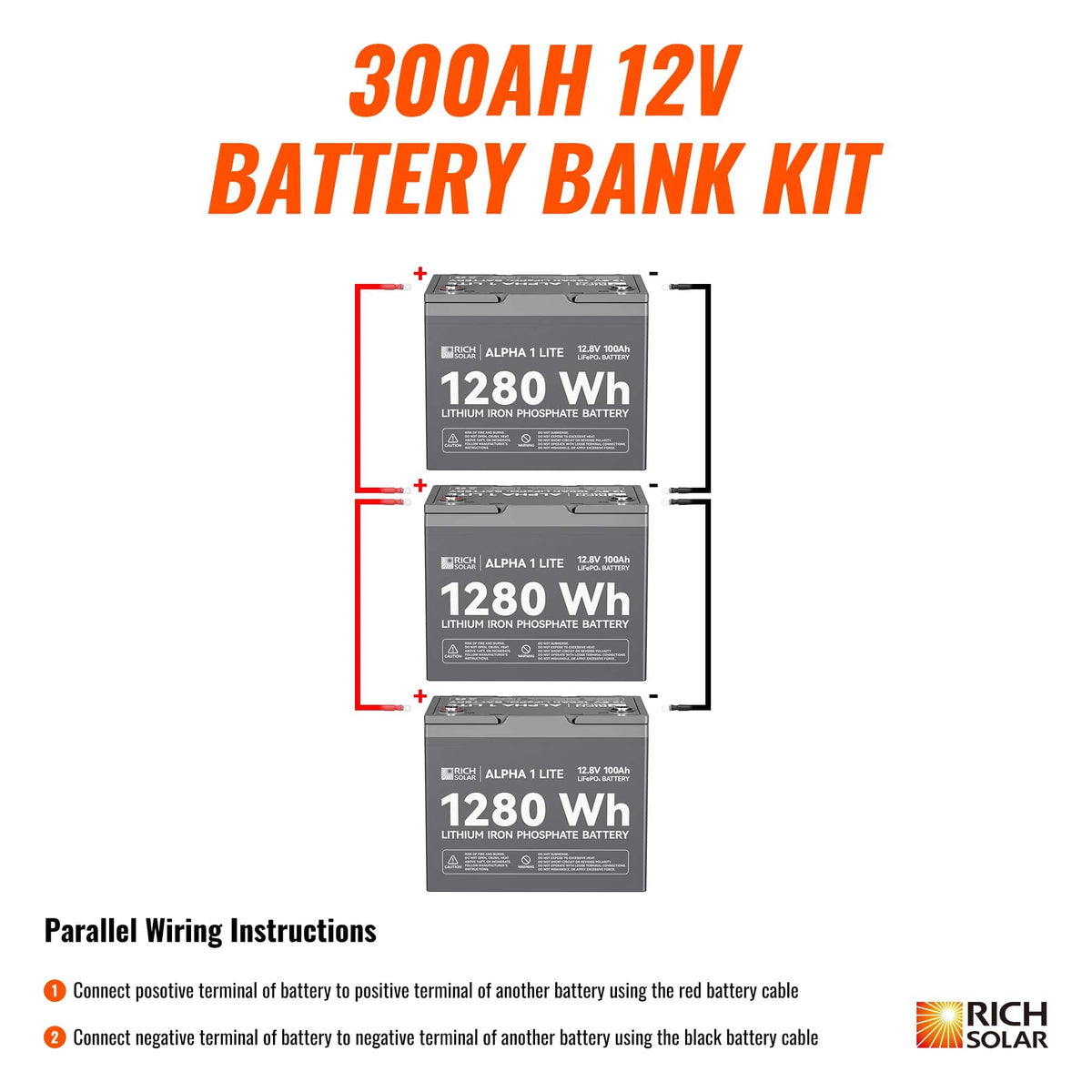 RICH SOLAR | 300Ah 12V LiFePO4 Off-Grid Battery Kit | 3.8kWh Deep Cycle Lithium Battery Bank | 3 X ALPHA 1 LITE in Parallel Batteries RICH SOLAR