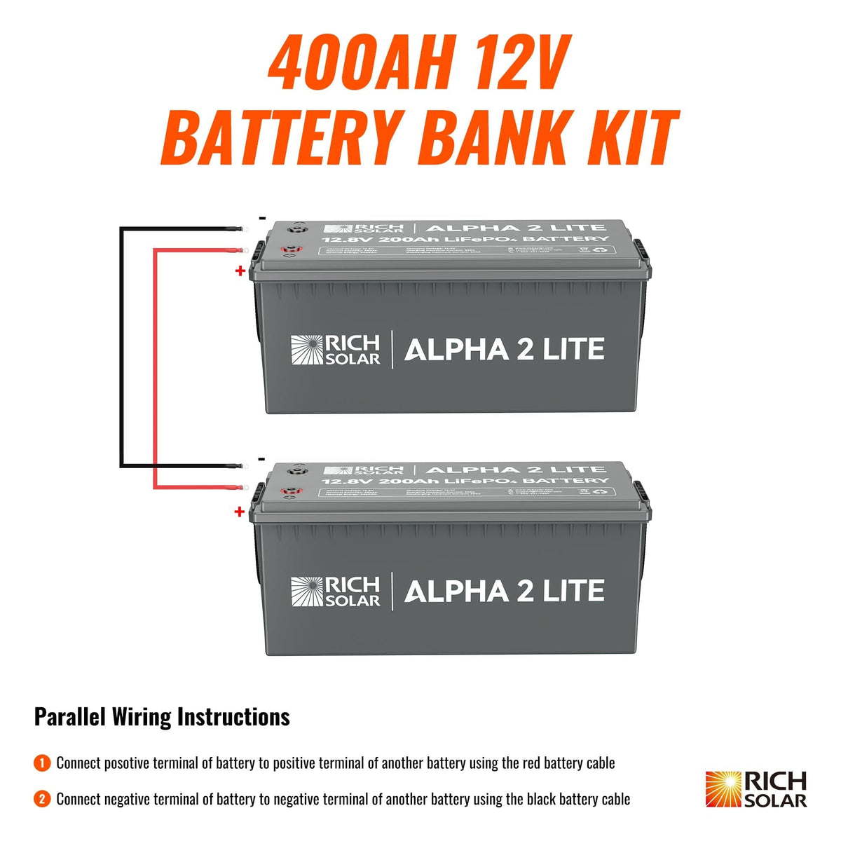 RICH SOLAR | 400Ah 12V LiFePO4 Off-Grid Battery Kit | 5.12kWh Deep Cycle Lithium Battery Bank | 2 X ALPHA 2 LITE in Parallel Batteries RICH SOLAR