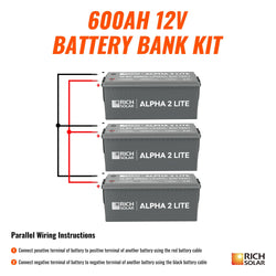 RICH SOLAR | 600Ah 12V LiFePO4 Off-Grid Battery Kit | 7.6kWh Deep Cycle Lithium Battery Bank | 3 X ALPHA 2 LITE in Parallel Batteries RICH SOLAR