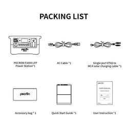 Pecron F3000 LFP Power Station packing list with included accessories.