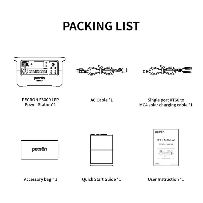 Pecron F3000 LFP Power Station packing list with included accessories.