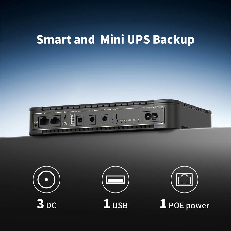 Pecron D77 DC UPS Battery Backup, 76.96Wh Small UPS for WiFi Router/Modem/Security Camera/Phone, With PoE Port, 5V/9V/12V