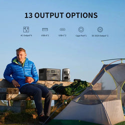 Portable power station with 13 output options, camping scene.