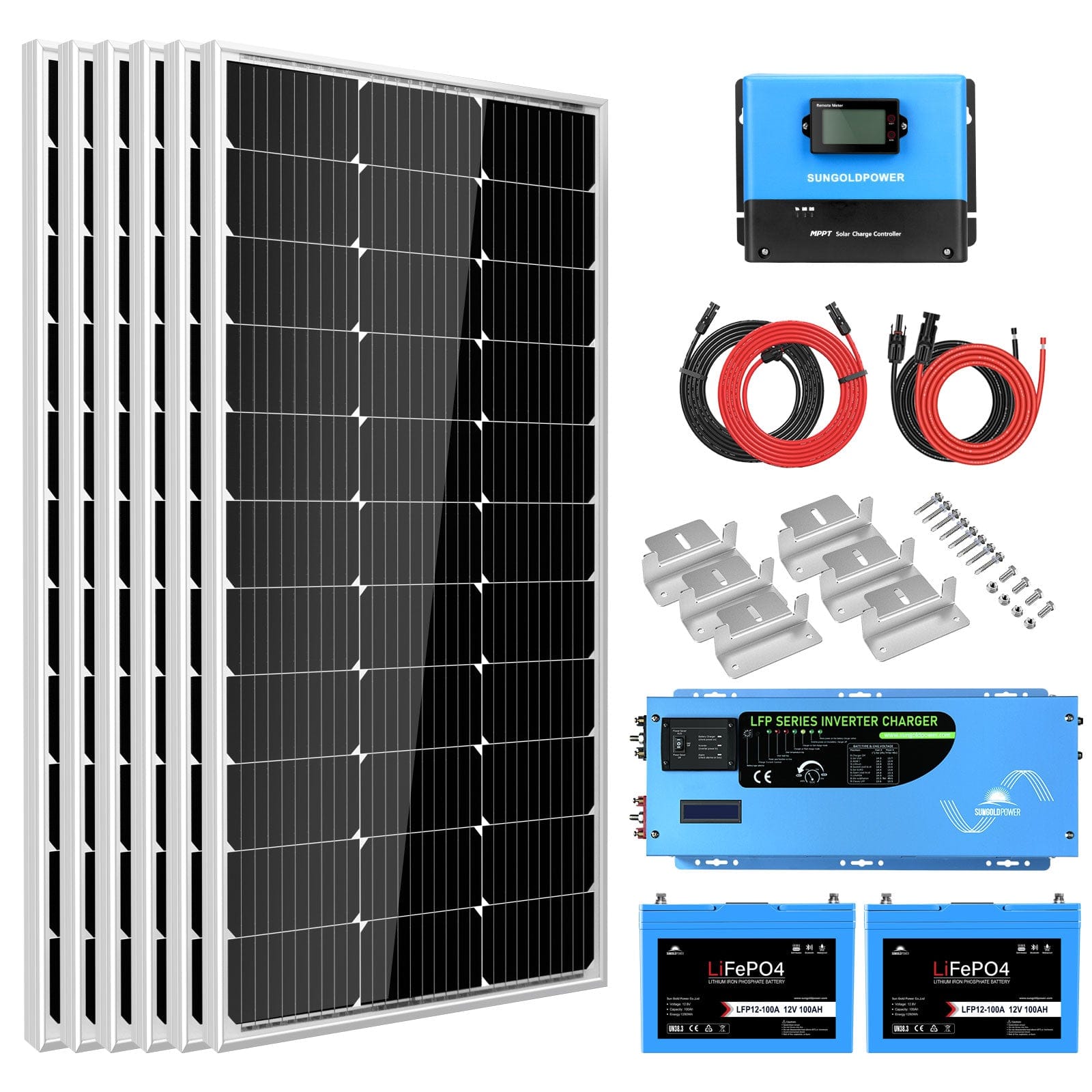 Sungold Power Off-Grid Solar Kit 3000W Inverter 12VDC 120V Output LifePO4 Battery 600 watt Solar Back Up Solar Kits SunGoldPower 2X 100AH Lithuim Battery