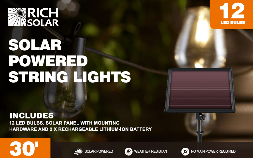 RICH SOLAR | Solar String Lights | 12 LED Solar Powered Bulbs on String Lights | Easy to Install Solar Motion Lights RICH SOLAR