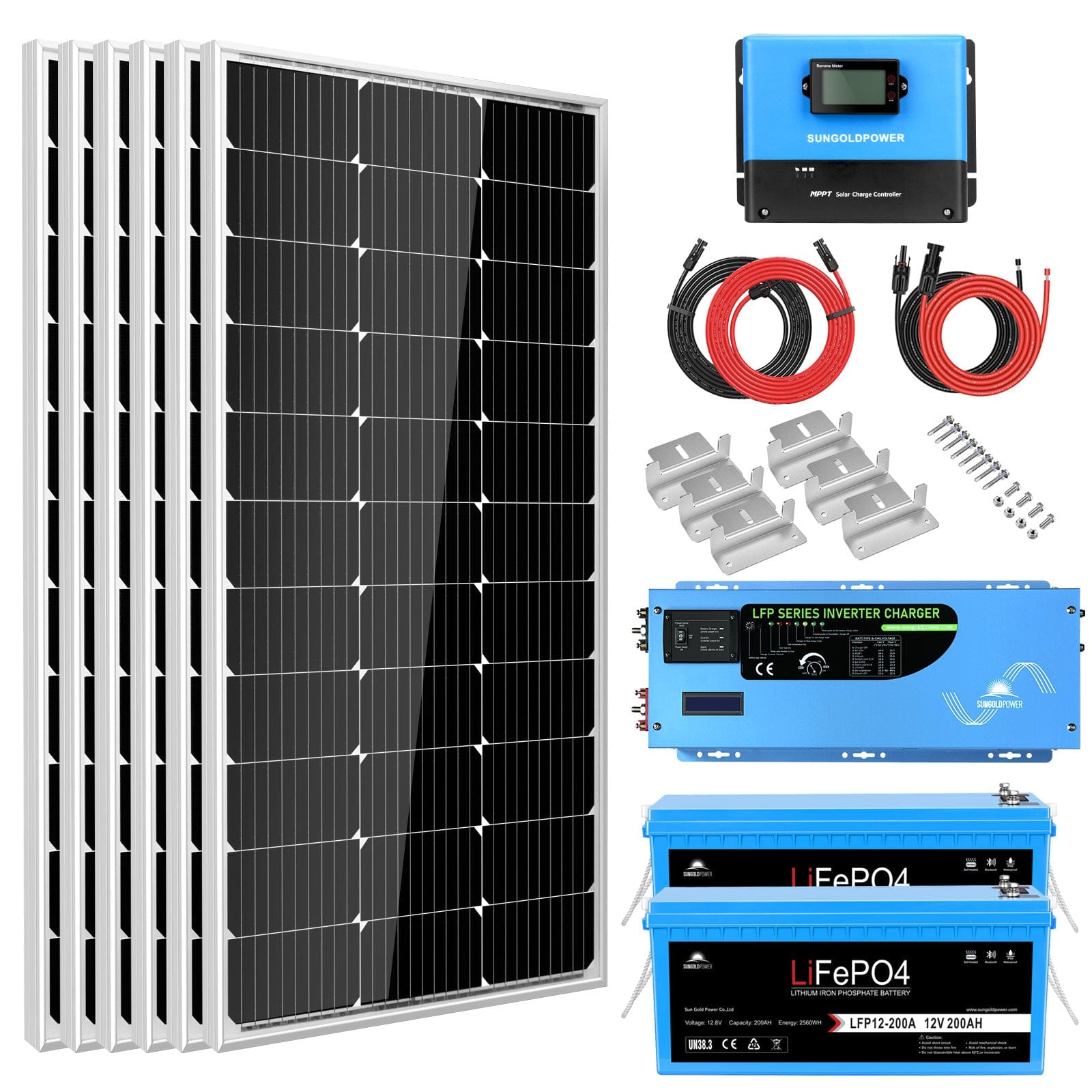 Sungold Power Off-Grid Solar Kit 3000W Inverter 12VDC 120V Output LifePO4 Battery 600 watt Solar Back Up Solar Kits SunGoldPower 2 X 200AH Lithuim Battery