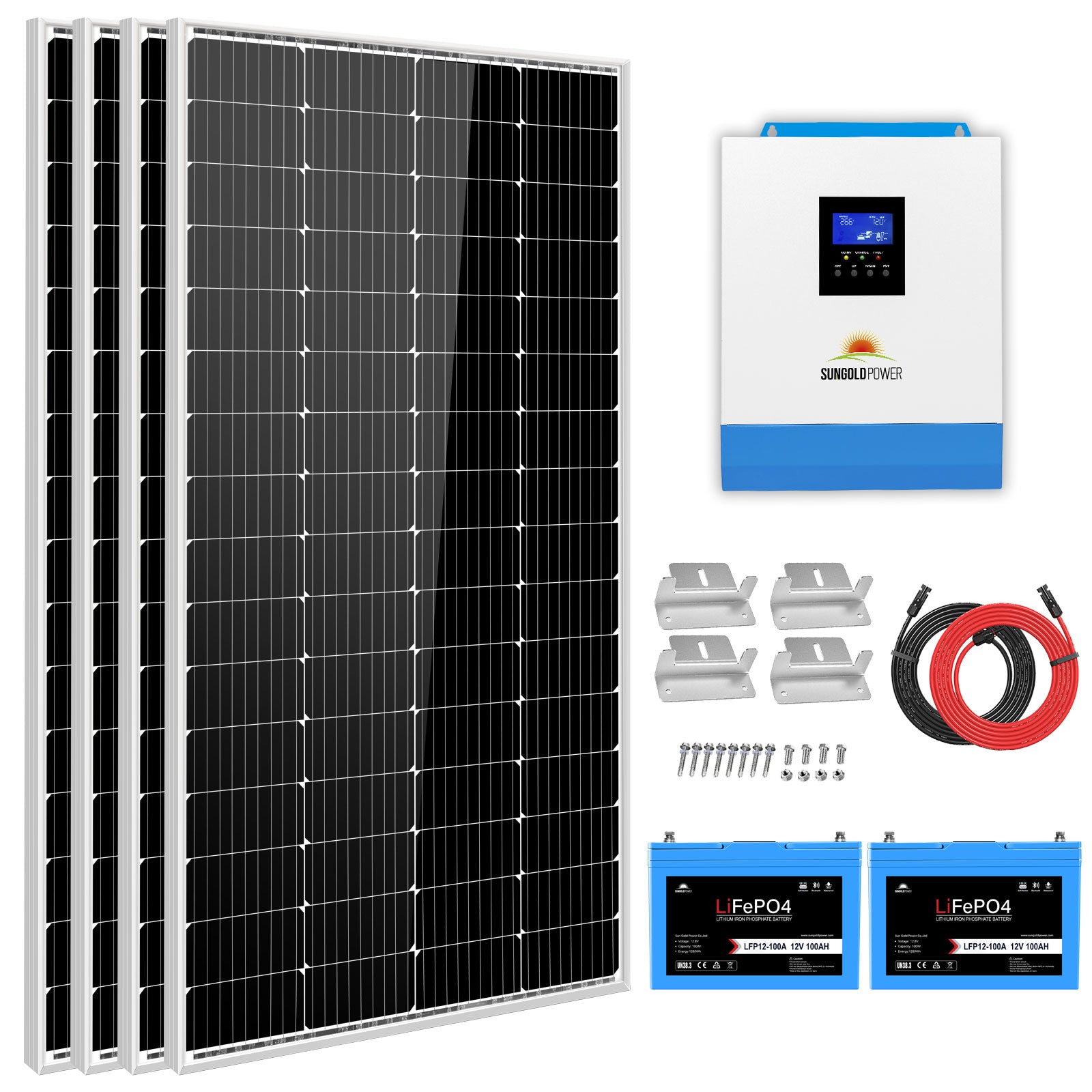 Sungold Power Solar Kit 3000W 24V Inverter 120V output Lithium Battery 800 Watt Solar Panel