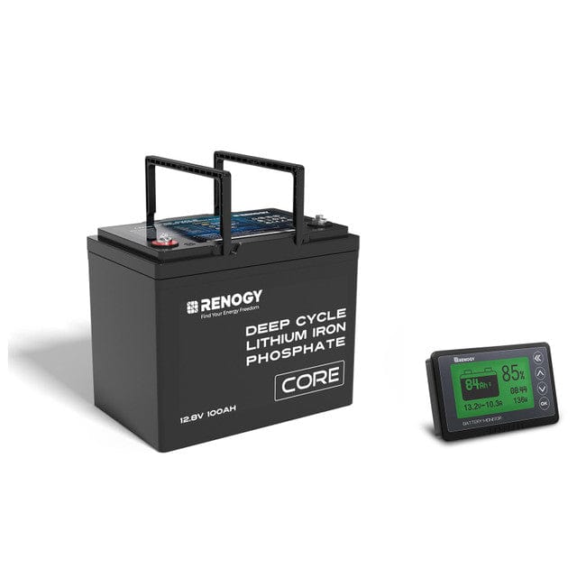 Renogy 12V 100Ah Core Series Deep Cycle Lithium Iron Phosphate Battery Batteries Renogy 12V 100Ah LiFePO4 Battery + Battery Monitor