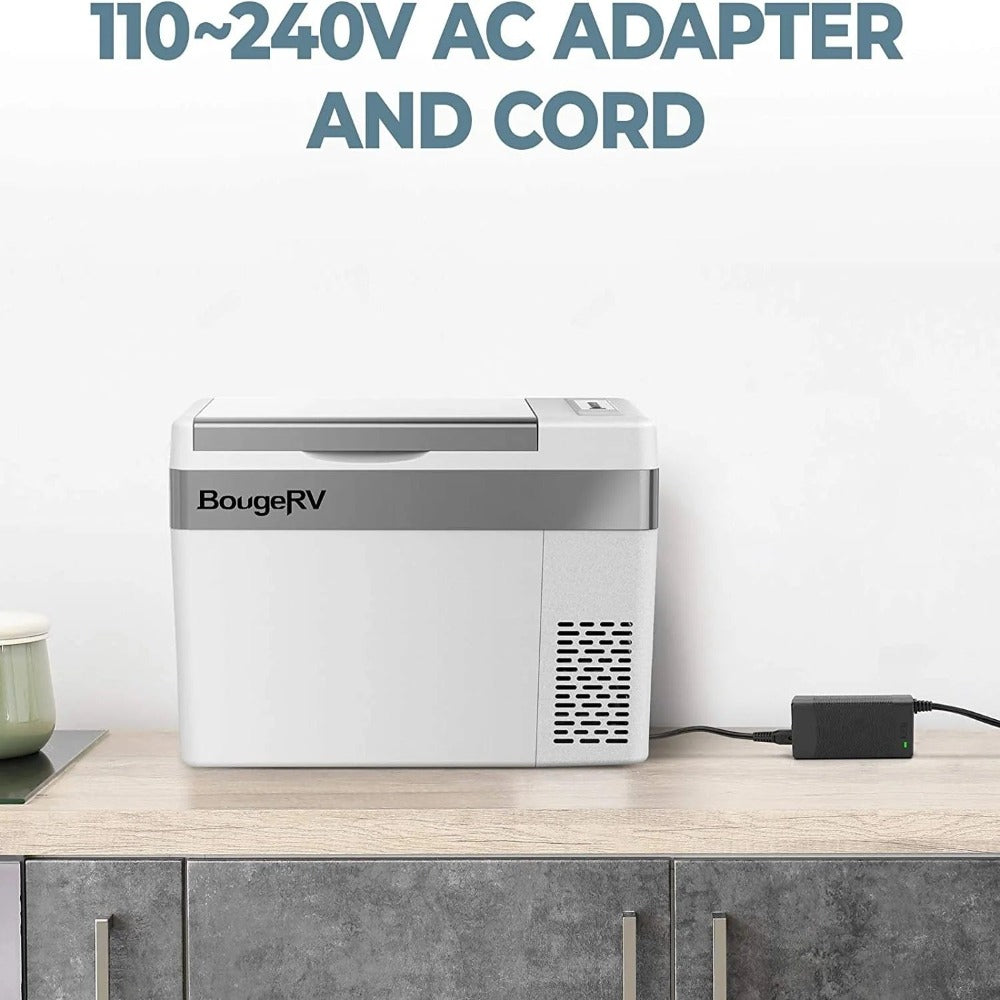 A Fridge Connected To a Power Source With BougeRV 110~240V AC Power Cord for Portable Fridge Car Freezer