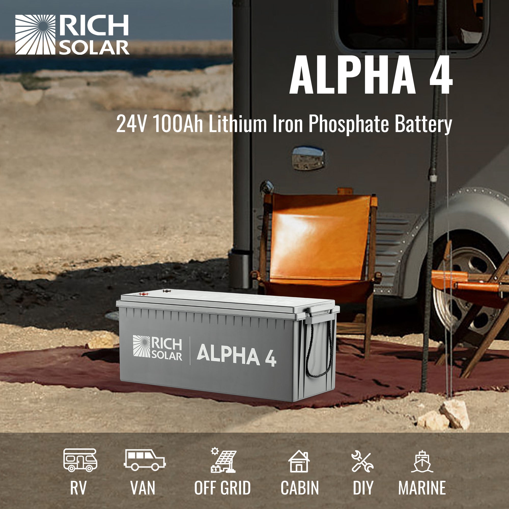 RICH SOLAR ALPHA 4 - 24V 100Ah LiFePO4 Battery, 5,000 Cycles, Bluetooth & Internal Heat Technology