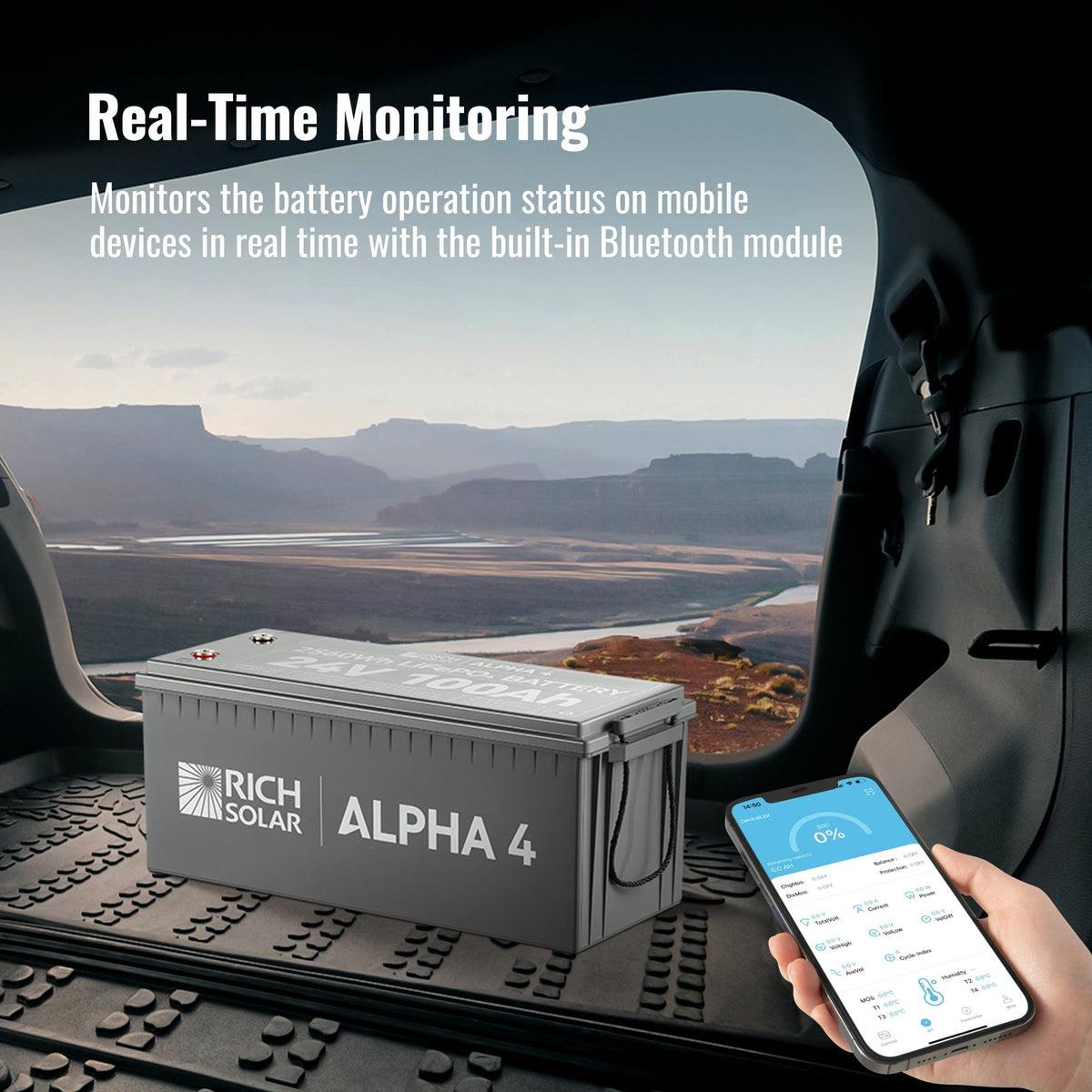 RICH SOLAR ALPHA 4 | 24V 100Ah LiFePO4 Battery | Powerful 24V Lithium Battery for RVs, Trailers, Vans, Boats, Off-Grid | 5,000 Lifetime Cycles | Bluetooth and Internal Heat Technology Batteries RICH SOLAR