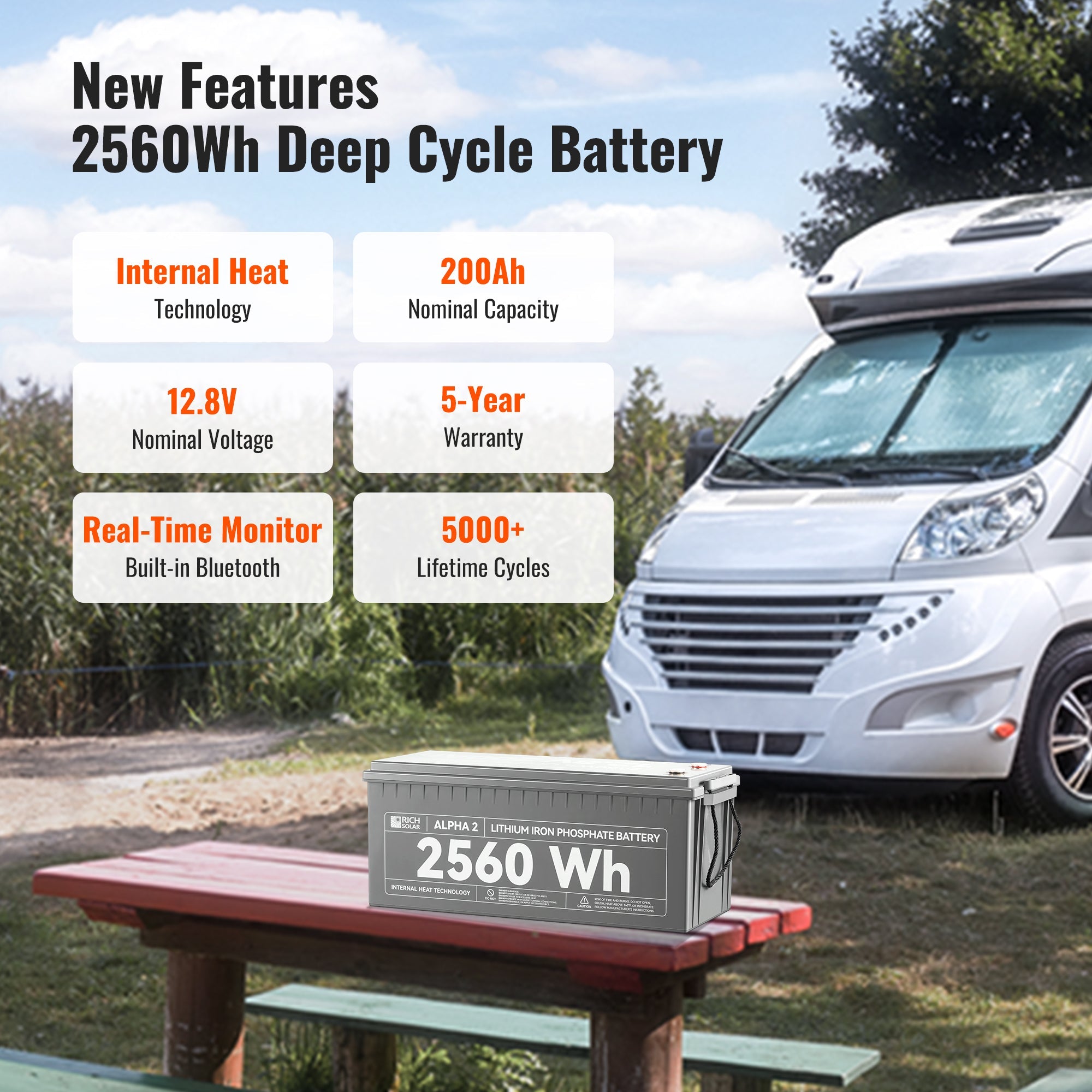 RICH SOLAR ALPHA 2 - 12V 200Ah LiFePO4 Battery, 5,000 Cycles, Bluetooth & Internal Heat Technology