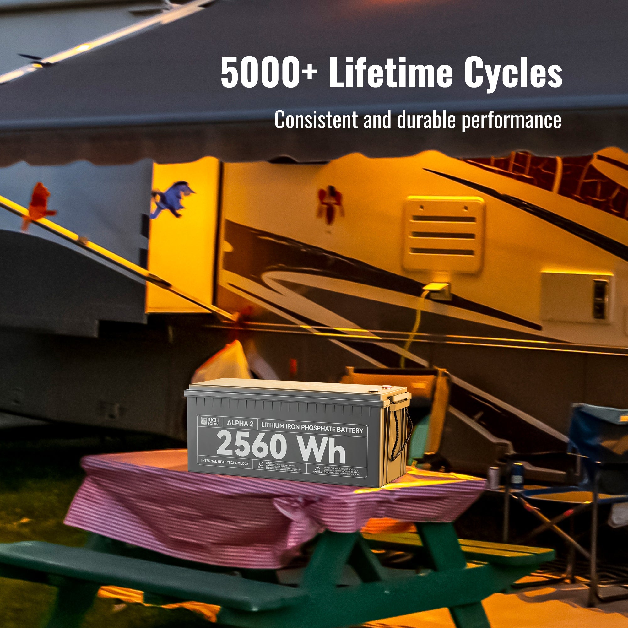 RICH SOLAR ALPHA 2 - 12V 200Ah LiFePO4 Battery, 5,000 Cycles, Bluetooth & Internal Heat Technology