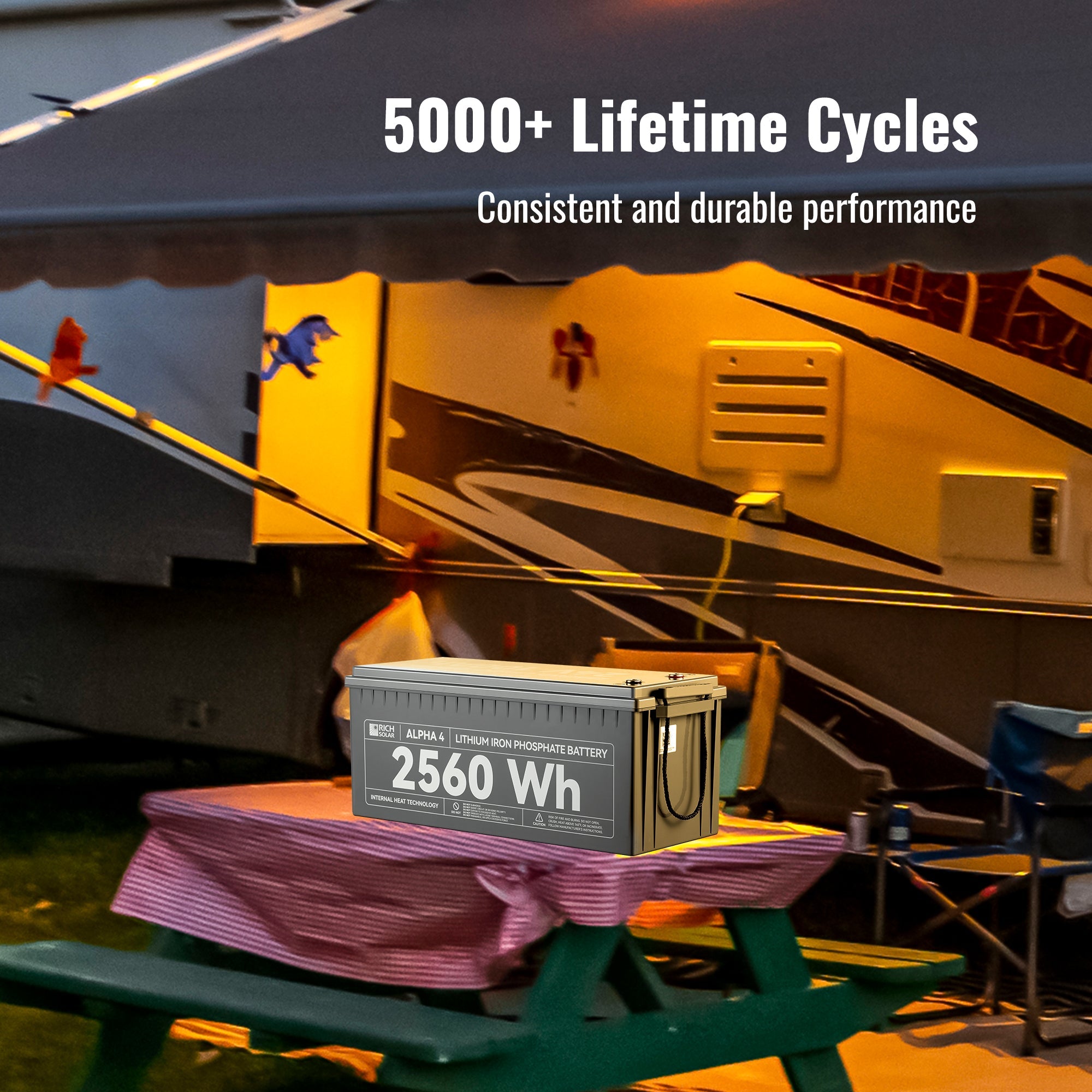 RICH SOLAR ALPHA 4 - 24V 100Ah LiFePO4 Battery, 5,000 Cycles, Bluetooth & Internal Heat Technology