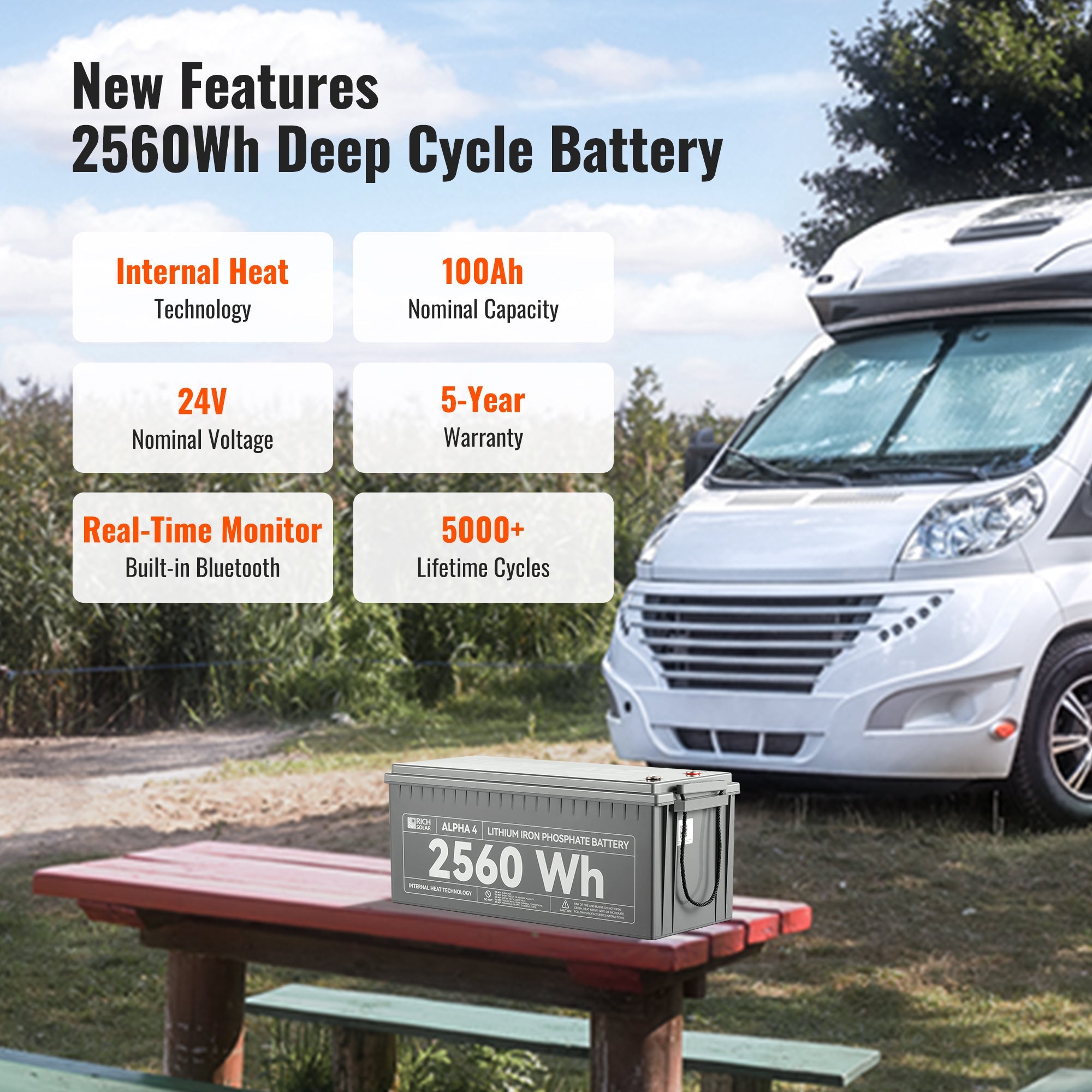 RICH SOLAR ALPHA 4 - 24V 100Ah LiFePO4 Battery, 5,000 Cycles, Bluetooth & Internal Heat Technology