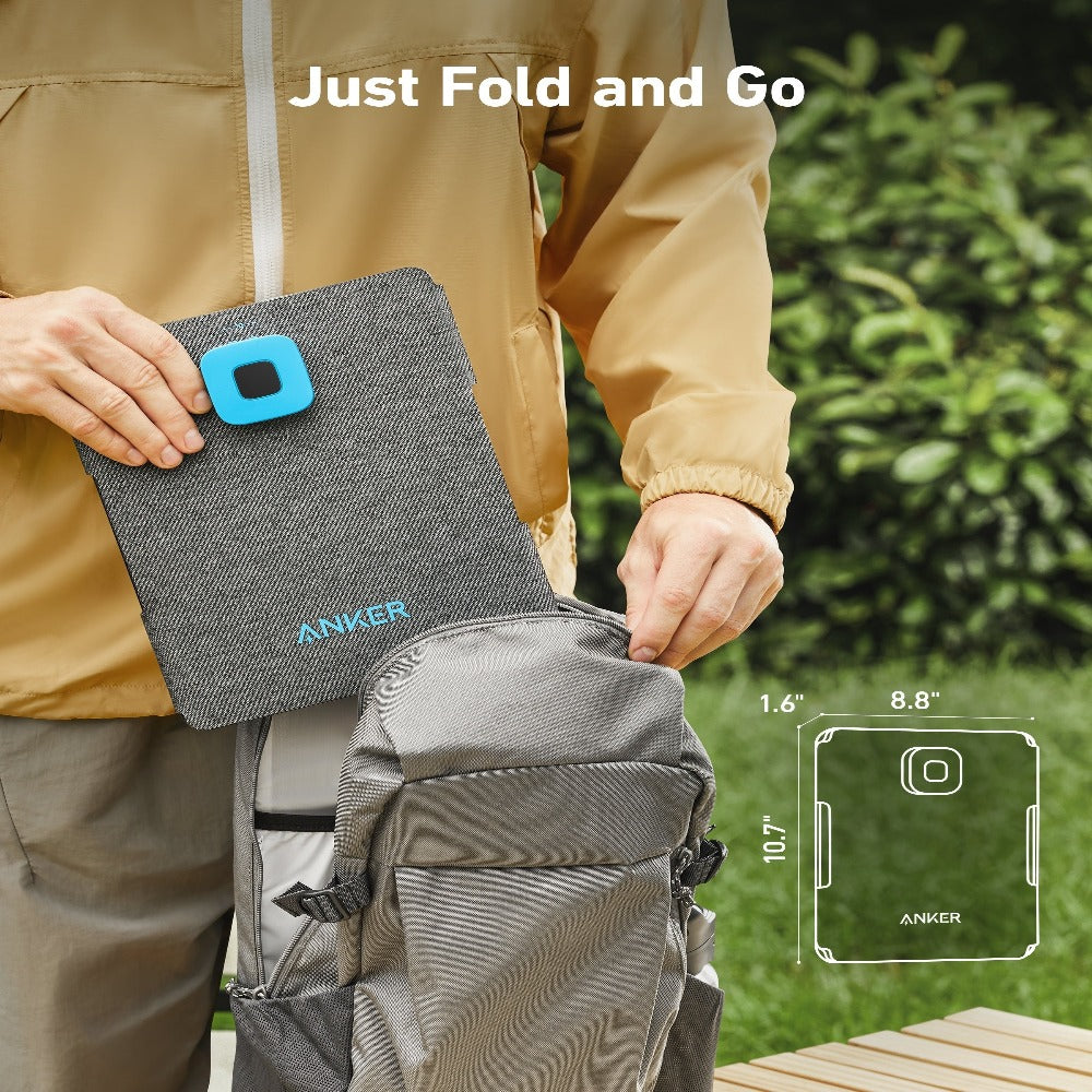 A Man Putting Anker SOLIX 30W Foldable Solar Panel In A Bag