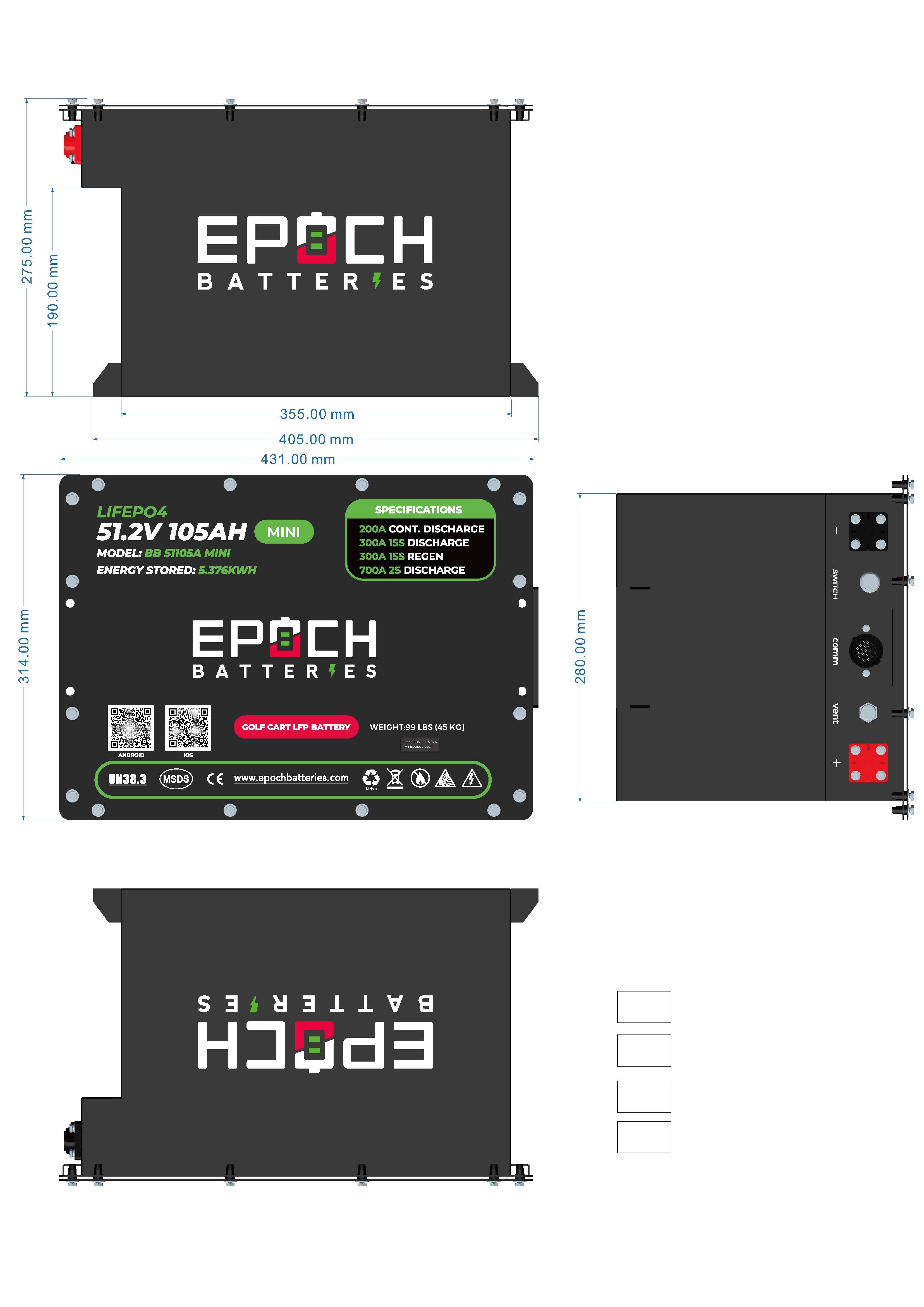 Epoch 48V 105Ah MINI – LiMax Series Lithium (LiFePO₄) Golf Cart Battery – Complete Kit