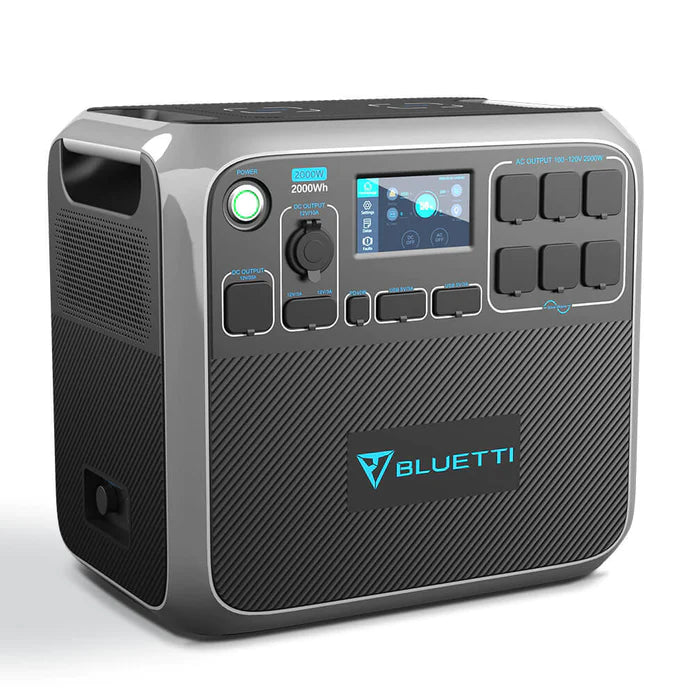 BLUETTI AC200P Portable Power Station angled to the right, highlighting the robust design and multiple output sockets.