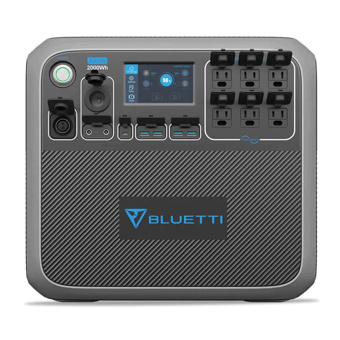BLUETTI AC200P Portable Power Station front view with open socket flaps revealing various plug points, including AC and DC outputs.