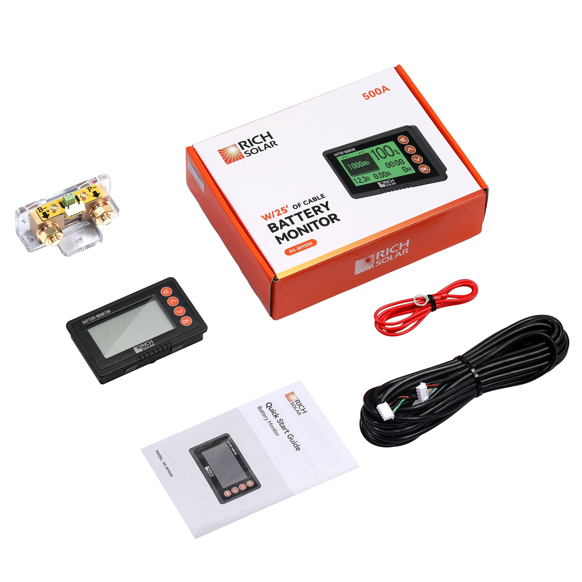 RICH SOLAR | 500 Amp Battery Monitor with Shunt | 8~120V 500A Battery Monitor | Accurate Battery Status Monitor | Easy to Use Battery Monitor Rich Solar