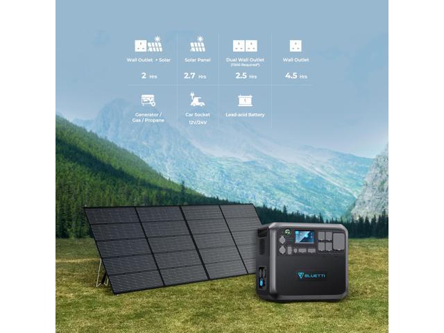 Portable power station displayed with solar panels in an outdoor setting, highlighting the charging efficiency and duration for various devices using wall outlets or solar energy