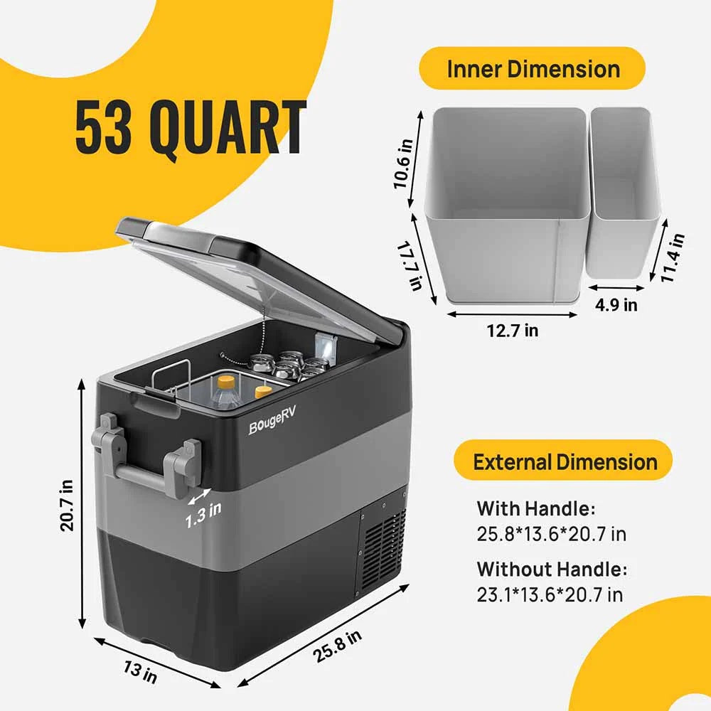 BougeRV 12V 53 Quart (50L) Portable Fridge Car Freezer Inner Dimension And External Dimension