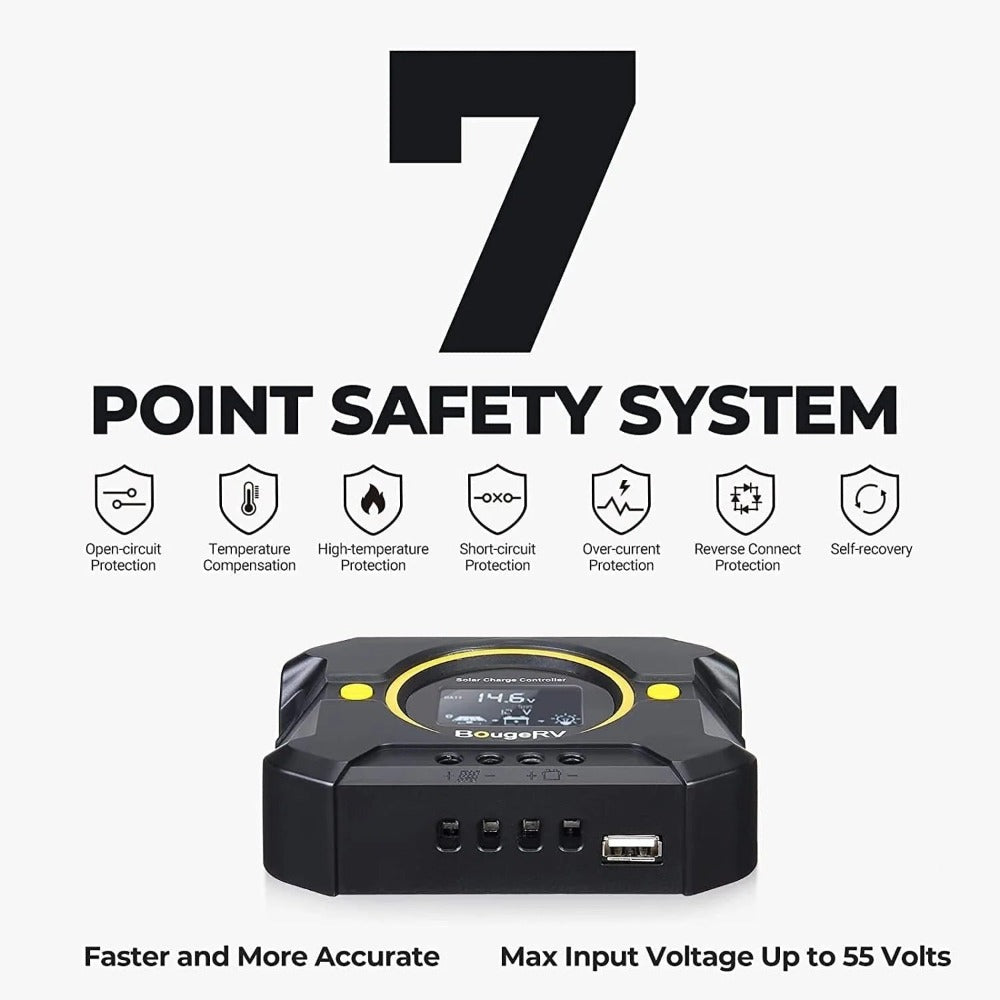 BougeRV Li PWM Solar Charge Controller 12V 24V 7 Point Safety System