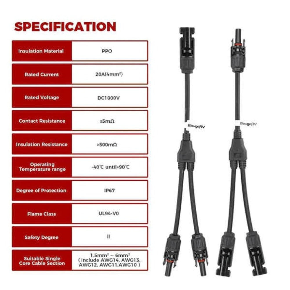 BougeRV Solar Connectors Y Branch Parallel Adapter Cable Wire Specification