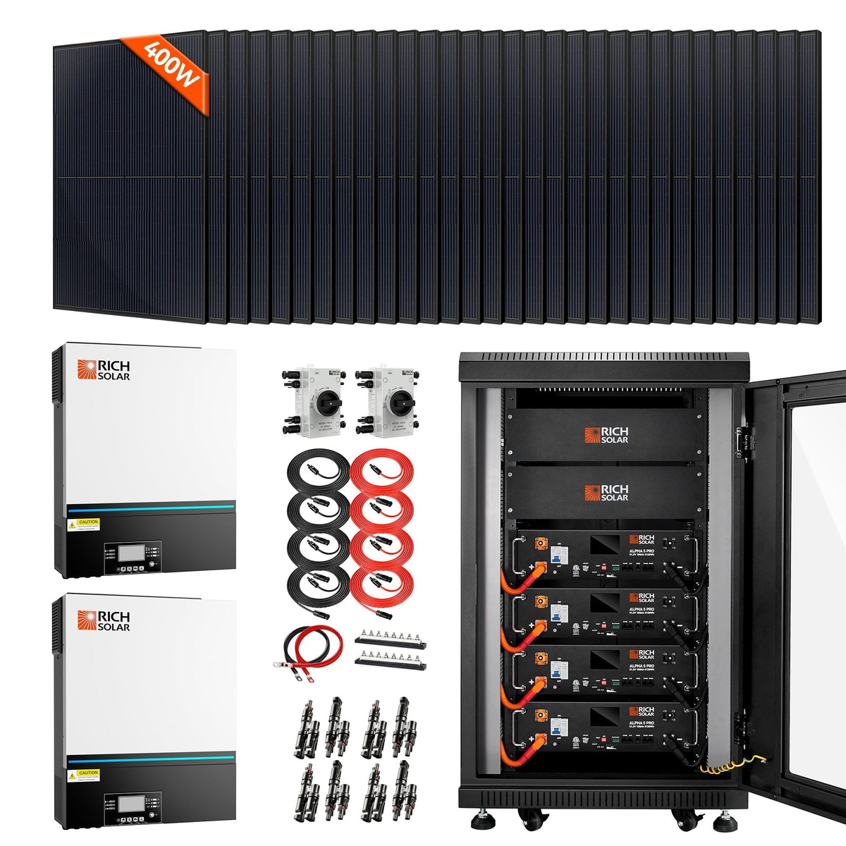 RICH SOLAR Complete Off-Grid Solar Kit | 13,000W 120/240V Output | 48VDC Solar Kits RICH SOLAR 32 x 400 Watt - 12.8KW Total