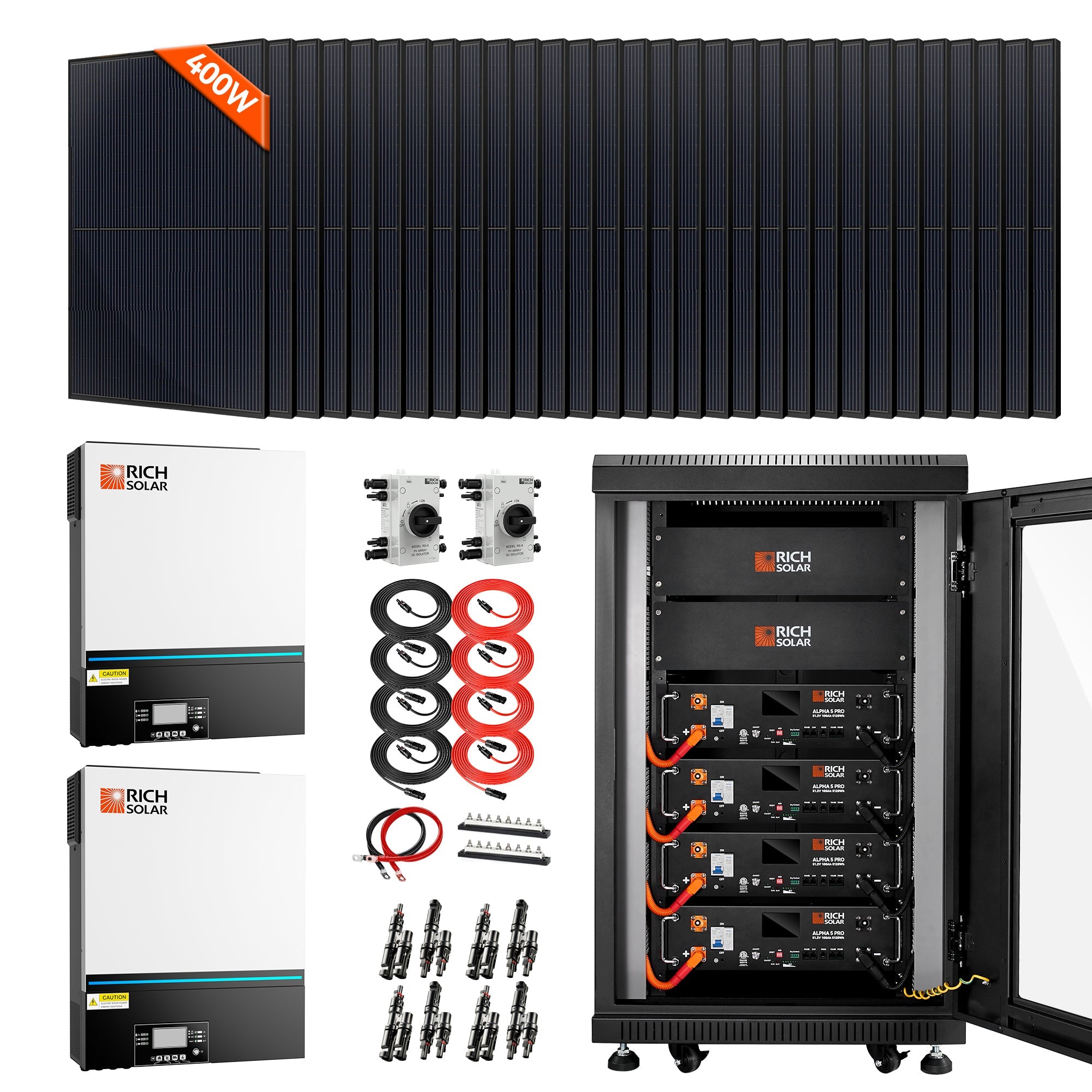 RICH SOLAR | Complete Off-Grid Solar Kit | 13,000W 120/240V Output | 48VDC Solar Kits Rich Solar 32 x 400 Watt - 12.8KW Total