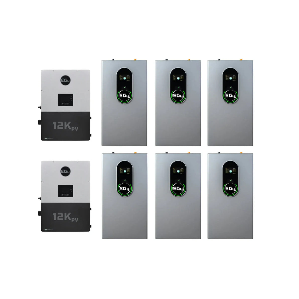 EG4 12kPV Hybrid Inverter | 48V | 12000W Input | 8000W Output | 120/240V Split Phase + EG4-WallMount Indoor Battery 280AH | 51.2V | 14.3kWh Energy Storage Systems EG4 2 EG4 12kPV + 6 x EG4-WallMount Indoor Battery | 85.8kWh Capacity