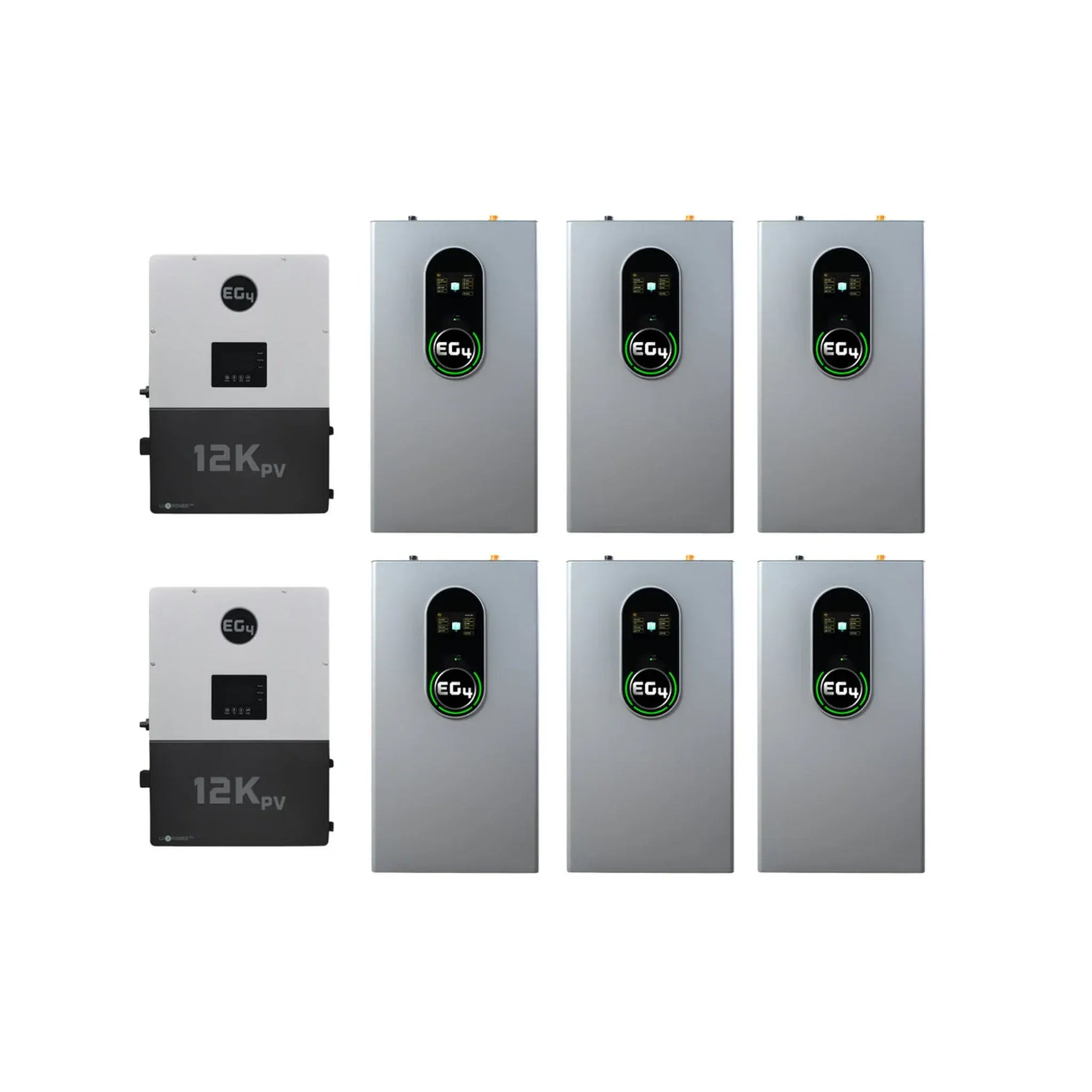 EG4 12kPV Hybrid Inverter | 48V | 12000W Input | 8000W Output | 120/240V Split Phase + EG4-WallMount Indoor Battery 280AH | 51.2V | 14.3kWh Energy Storage Systems EG4 2 EG4 12kPV + 6 x EG4-WallMount Indoor Battery | 85.8kWh Capacity
