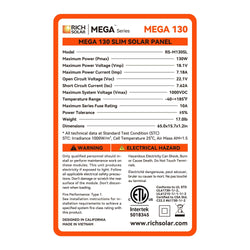 RICH SOLAR | MEGA 130 SLIM | 130W 12V Compact Solar Panel | UL Certified Rigid Solar Panels RICH SOLAR